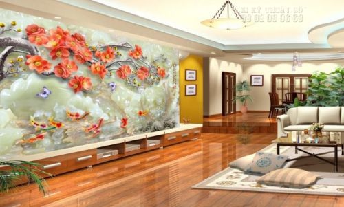 In tranh dán tường giả ngọc 3D Cá chép Hoa Đào - NG04