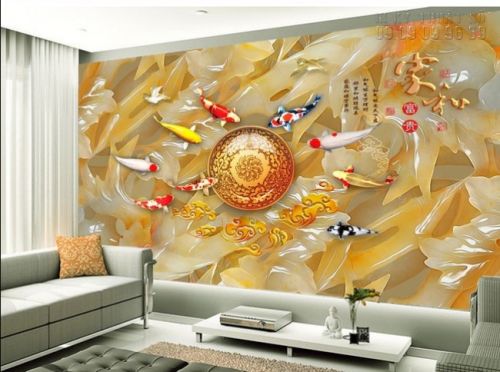 Tranh dán tường 3D giả ngọc - tranh cá chép hoa sen 3D - NG07