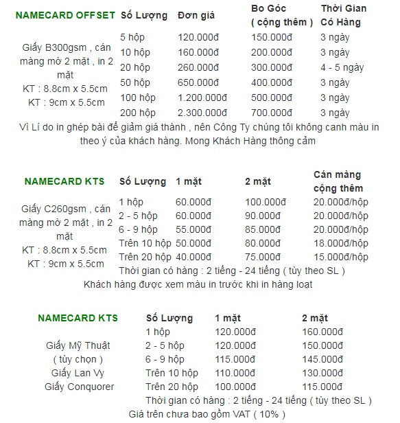 Bảng giá in card visit tại công ty In Kỹ Thuật Số